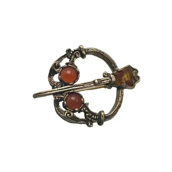 Faux Carnelian Glass Stones Tara Style Celtic Brooch Pin Gold Tone Vintage - Picture 2 of 4